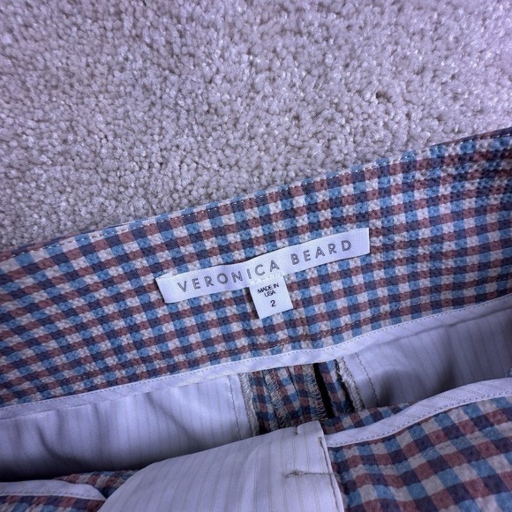 Veronica Beard Arte Kick Flare Brown And Blue Gingham Searsucker High Waste Pant - Picture 7 of 14